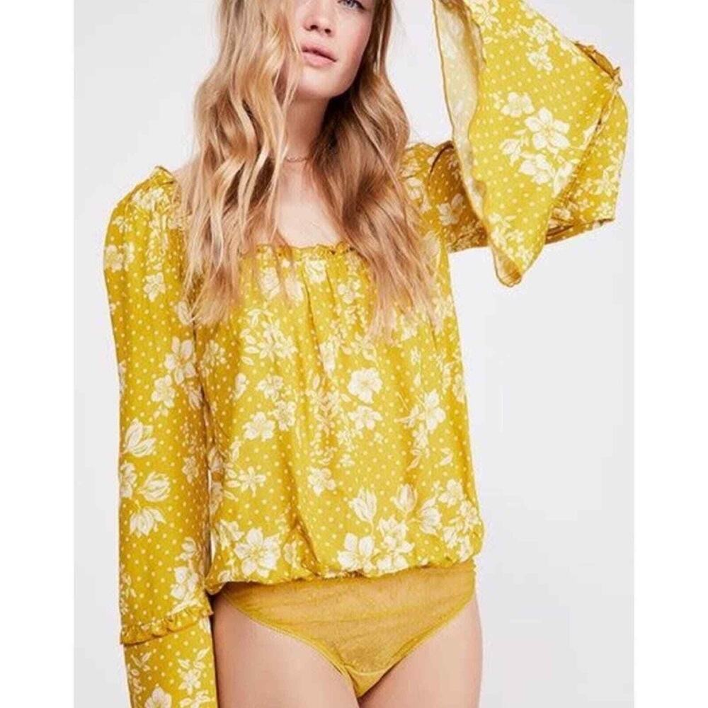 Free People One On One Date Bodysuit Marigold Yellow Floral Bell Sleeve XS Boho - Picture 3 of 14